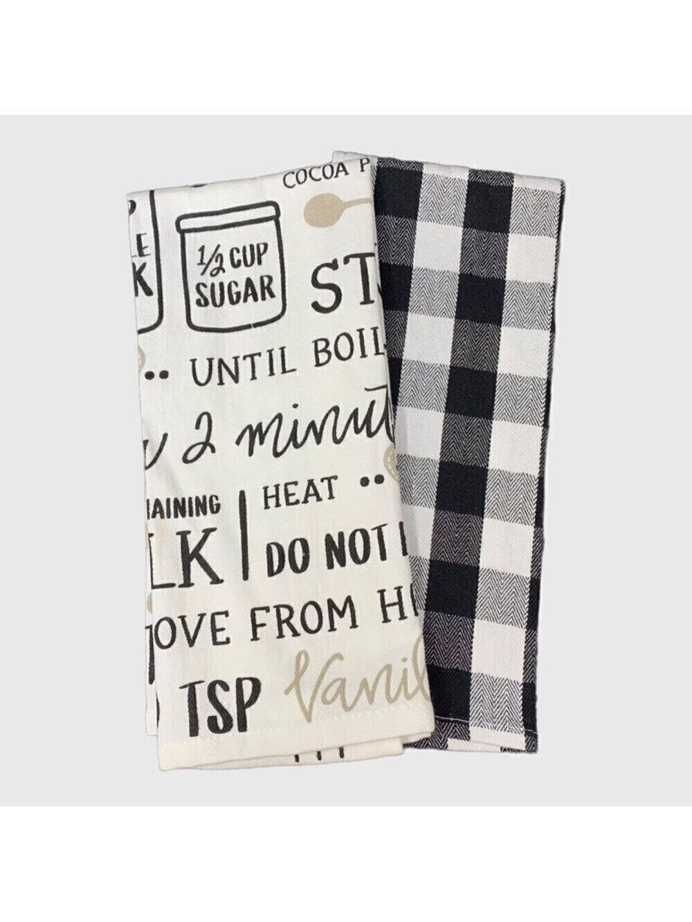 Hot Cocoa Marshmallow Kitchen Tea Towels Cotton Set Buffalo Check Black White